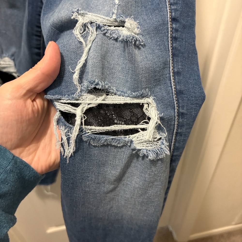 Torrid Women's Blue Distressed Jeans with Lace Detail - Picture 4 of 5